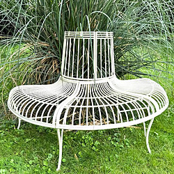 L'Héritier Du Temps Banc Semi-Circulaire Tour d'Arbre Demi-Lune Banquette de Parc en Fer Patiné Blanc 69x86x134cm