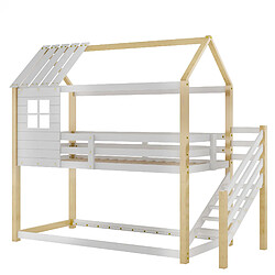 KOMHTOM Lits superposés 200x90cm, lit avec escalier d'angle, avec protection contre les chutes et grille, fenêtre, cadre en pin, blanc pas cher