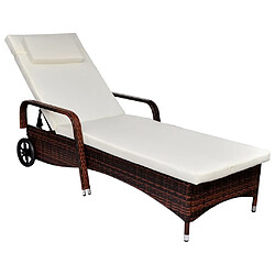 Helloshop26 Transat chaise longue bain de soleil lit de jardin terrasse meuble d'extérieur avec coussin et roues résine tressée marron 02_0012447 