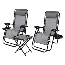 ML-Design Set 2x chaise longue avec table et appui-tête+porte-boisson bain de soleil gris 