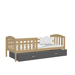 Kids Literie LIT Enfant Teo 90×190 Pin - Gris livré avec sommier, tiroir et matelas de 7cm OFFERT.