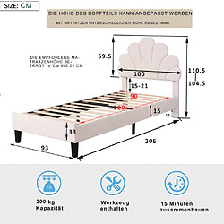 LBF Lit simple 90 x 200 cm avec sommier à lattes - Cadre de lit rembourré avec tête de lit réglable en forme de fleur - Tissu velours - Pour adolescentes - Sans matelas - Beige