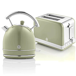 Retro Set Petit-Déjeuner Bouilloire 1,8L Sans fil, Grille-Pain 2 Larges Tranches, 850, Vert, SWAN, STP7050GNEU