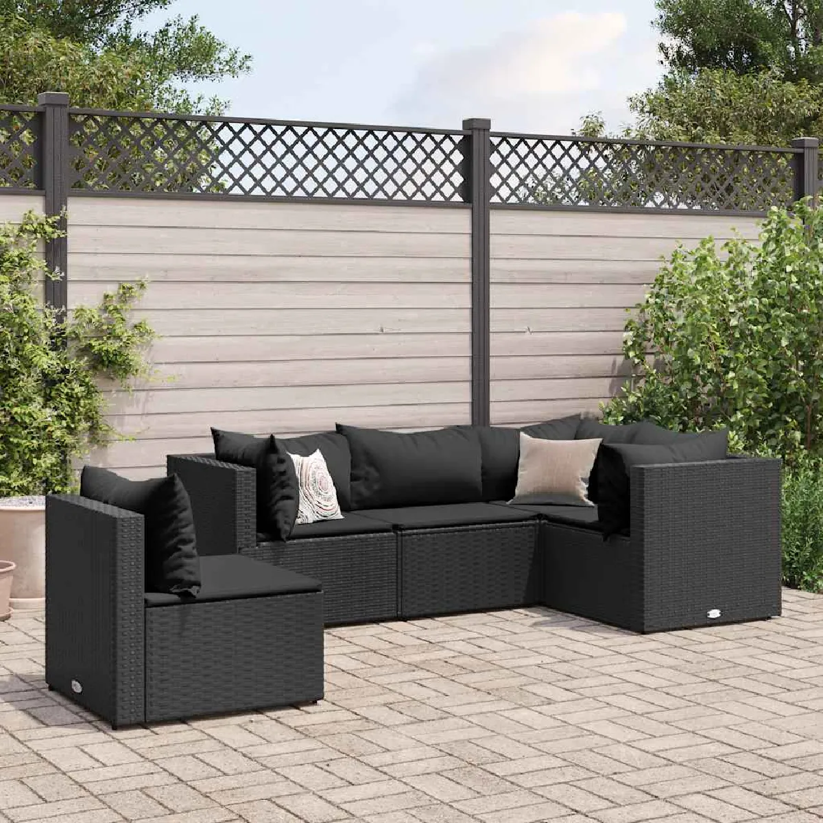 vidaXL Salon de jardin 5 pcs avec coussins Noir Résine tressée