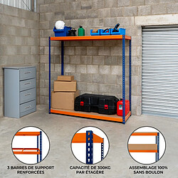 Monstershop S-Rax Rayonnage à 2 Étagères – 180 cm x 180 cm x 60 cm Rayonnage Garage S-Rax – Rangement Industriel Robuste & Ajustable 2 Étages 180 x 180 x 60cm – Capacité 300kg / étage – 100% sans boulons [Pieds en caoutchouc antidérapants & 3 supports transversaux]