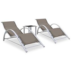 Helloshop26 Lot de 2 transats chaise longue bain de soleil lit de jardin terrasse meuble d'extérieur avec table aluminium taupe 02_0012075