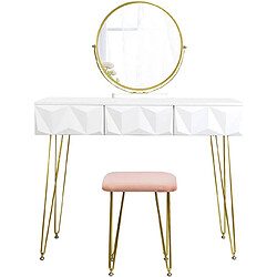 Helloshop26 Coiffeuse avec tabouret et miroir pivotant moderne 100 cm rond blanc doré 19_0000184