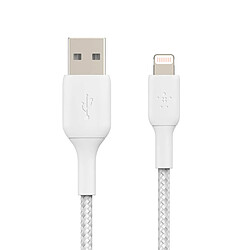 Câble USB vers Lightning MFi 18W Nylon Tressé 15cm Charge Synchro Belkin blanc