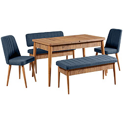 Hanah Home Ensemble repas table chaises et banc Vina noyer et bleu foncé. Ensemble repas table chaises et banc Vina noyer et bleu foncé