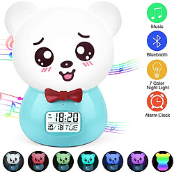 Universal Réveil enfant numérique, 7 couleurs silicone PAT réveil lumineux avec haut-parleur Bluetooth fonctionnalité mignon ours lampe réveil enfant bébé bureau rechargeable chambre à coucher réveil, (bleu) 