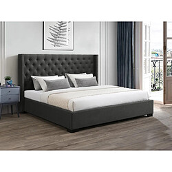 Vente-Unique Lit coffre 200 x 200 cm avec tête de lit capitonnée - Tissu - Gris + Matelas - MASSIMO