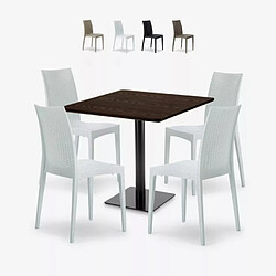 Grand Soleil Ensemble Table Bois 90x90cm Horeca et 4 Chaises Empilables Poly RotinBar Restaurant Café Barrett - Blanc