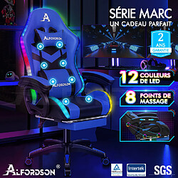 ALFORDSON Chaise Gaming Chaise de Bureau LED et Massant 8 Points Bleu et Noir