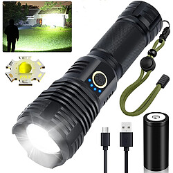 BESTA Lampes de poche LED rechargeables à haute lumens, 90 000 lumens, lampes de poche tactiques super lumineuses, Xhp70.2 Zoomable étanche Flash Light 5 modes pour camping, randonnée, extérieur, urgence (avec batterie 26650) 