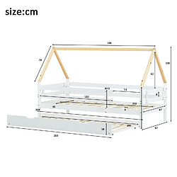 Avis Sweiko Lit de cabane Lit simple Lit d'enfant Lit escamotable Lit coulissant avec roulettes en bas Lit blanc Poutrelle naturelle (200x90cm)