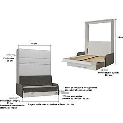 Inside 75 Armoire lit escamotable KOMPACT SOFA blanc mat canapé tiroirs accoudoirs tissu gris 140*200 cm pas cher