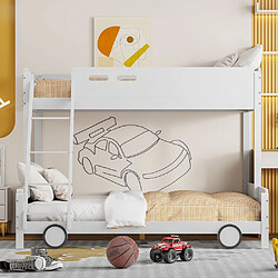 KOMHTOM Lit d'enfant, lit supérieur 90 * 200cm, lit inférieur 140 * 200cm, lit superposé, cadre en bois massif, forme de voiture, blanc. 