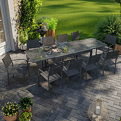 Avril Paris Table de jardin extensible aluminium 270cm + 10 fauteuils empilables textilène anthracite - LIO 10