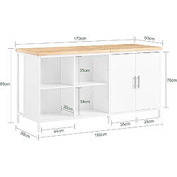 Avis SoBuy îlot Central de Cuisine avec Plan de Travail en Bois d'hévéa, Desserte de Cuisine, Placard de Cuisine avec 2 Portes, 4 Cubes Compartiments, 170x60x89 cm, Blanc KNL09-WN