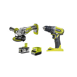 Pack Ryobi - Perceuse Visseuse 18V One Plus - R18DD2-0 - Meuleuse d'angle 18V LithiumPlus OnePlus Brushless - R18AG7-140S - 1 batterie 4,0 Ah - 1 chargeur rapide