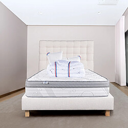 LUXURY LITERIE Ensemble matelas ViscoPlus 140x200 cm + sommier beige ep20cm + 2 oreillers + couette + Tête de Lit