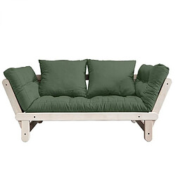 Inside 75 Banquette méridienne futon BEAT pin naturel tissu coloris vert olive couchage 75*200 cm. 