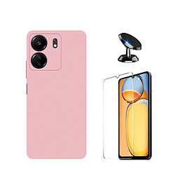 Kit de film en verre trempé de la couverture 5D + couvercle de silicone liquide + SuppOrt Magnétique Phonecare pour Xiaomi Redmi 13C - rose 