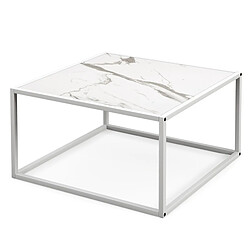 Helloshop26 Table basse carrée moderne avec dessus de table en faux marbre et structure en acier blanc 20_0009323