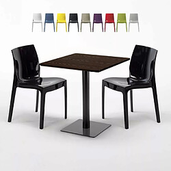 Grand Soleil Table carrée 60x60 pied noir et plateau bois avec 2 chaises colorées Ice Kiss - Noir