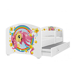 Kids Literie Lit Enfant Happy 80x160 Pony Blanc Livré avec sommiers, tiroir et matelas en mousse de 7cm 