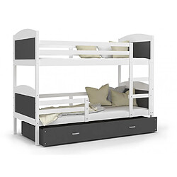 Kids Literie Lit Superposé Mateo 90x190 Blanc - gris Livré avec sommiers, tiroir et matelas en mousse de 7cm