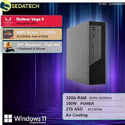 Sedatech Pack Mini-PC Pro • AMD Ryzen 3 3200G • Radeon Vega • 32 Go RAM • 2To SSD M.2 • DVD-RW • Windows 11 • Moniteur 24"