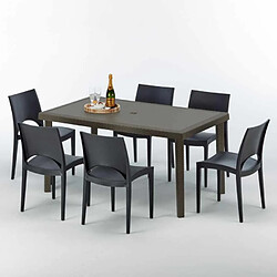 Grand Soleil Table rectangulaire 6 chaises Poly rotin resine 150x90 marron Focus, Chaises Modèle: Paris Noir anthracite