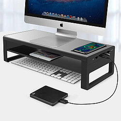 Support de moniteur en aluminium à 2 niveaux avec chargement sans fil et 4 ports USB 3.0 Hubs prenant en charge le transfert de données, support de stockage de bureau pour ordinateur portable (noir) 