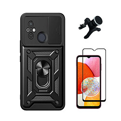 Kit Film Verre Trempé de la Étui Complète 5D + Coque Magnetic Military Defender Slide Window Anti-Impact + SuppOrt Magnétique Renforcé Phonecare pour Xiaomi Poco C55 - Noir