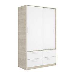 Avis Pegane Armoire, meuble de rangement en bois mélaminé avec 2 portes coulissantes et 4 tiroirs coloris chêne naturel, blanc - Longueur 120 x Profondeur 60 x Hauteur 204 cm