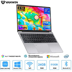 VANWIN PC Portable 16.1"FHD+ 2520*1680, Windows 11 Pro 24 Go RAM+512 Go SSD Intel Alder Lake N95, Ordinateur Portable Type-C Mini HDMI Clavier AZERTY-Argent 