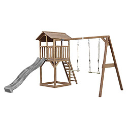 Aire de jeux en bois marron avec 2 balançoires et toboggan bleu Beach Tower Axi