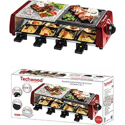 Techwood Appareil Raclette-Grill-Plancha-Pierre de Cuisson, 1200 W, Inclus : 8 poêlons, Rouge