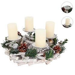 Mendler Couronne de l'Avent HWC-M12, Arrangement de l'Avent Couronne de table Décoration de table en bois argenté blanc Ø 30cm ~ avec bougies 