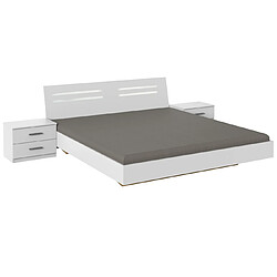 Pegane Lit adulte double 160 x 200 + 2 chevets coloris blanc - Longueur 169 x Profondeur 210 x Hauteur 81 cm 