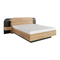 Avis Vente-Unique Lit avec chevets 160 x 200 cm - Avec LEDs - Coloris : Naturel et noir + Sommier + Matelas - JUVISIA