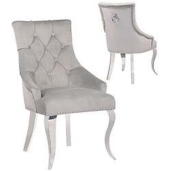 Vivenla Lot de 2 Chaises de salle à manger design capitonné revêtement en velours gris clair et piètement baroque en acier inoxydable argenté collection ANGELO 