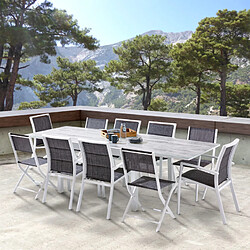 Wilsa Garden Ensemble MODULO 6/10p en aluminium blanc et verre décors bois avec 6 fauteuils en textilène