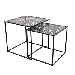 Toilinux Duo de tables d'appoint en métal Motifs feuilles - Noir