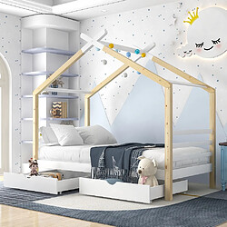 Sweiko Lit d'enfant Lit cabane Lit en pin avec tiroirs pour chambre d'enfant et d'adolescent blanc + couleur bois (90x200 cm)