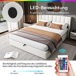 KOMHTOM Lit softback blanc 160 x 200 cm, port USB rechargeable sur le lit avec éclairage LED et rangement, tête de lit réglable