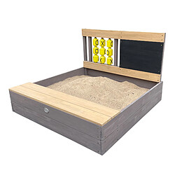 AXI Kitty Bac à sable en bois avec banc, espace de rangement, jeux du morpion | Bac à sable en anthracite et marron avec tapis de sol | 100 x 100 cm