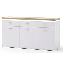 Pegane Buffet, meuble de rangement coloris blanc avec plateau finition chêne wotan - Longueur 156 x Hauteur 83 x Profondeur 44 cm 