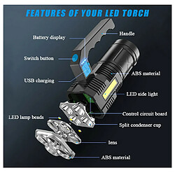 Chrono Lampe de poche LED torche rechargeable COB projecteur lanterne lampe de travail projecteur de poche étanche, noir